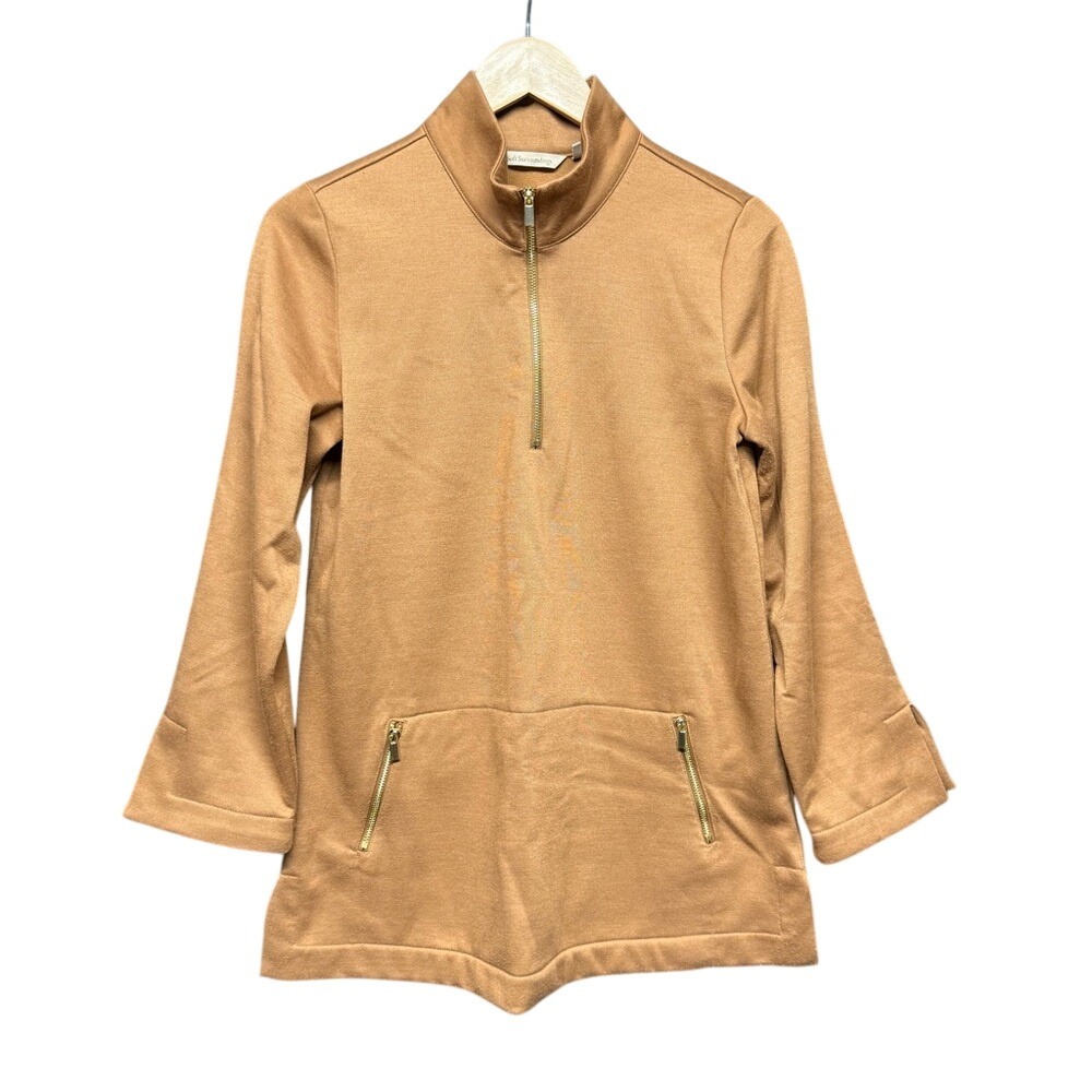 Soft Surroundings Tan Brown Camel Gold Quarter Zip Long-Sleeved Pullover Top XS
